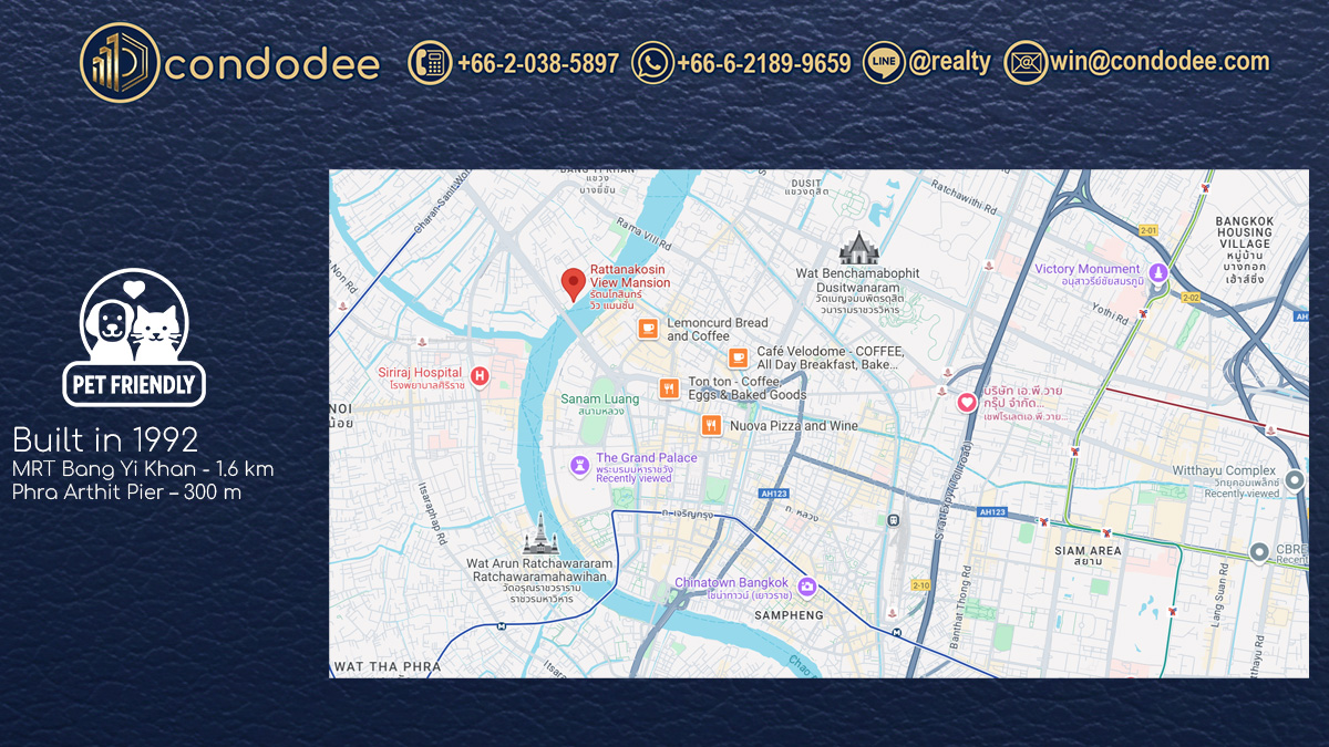 แผนที่คอนโด รัตนโกสินทร์ วิว แมนชั่น ใกล้แม่น้ำเจ้าพระยา MRT บางยี่ขัน ท่าพระอาทิตย์ และย่านธุรกิจกรุงเทพฯ | Location map of Rattanakosin View Mansion near Chao Phraya River, MRT Bang Yi Khan, Phra Arthit Pier, and Bangkok CBD areas