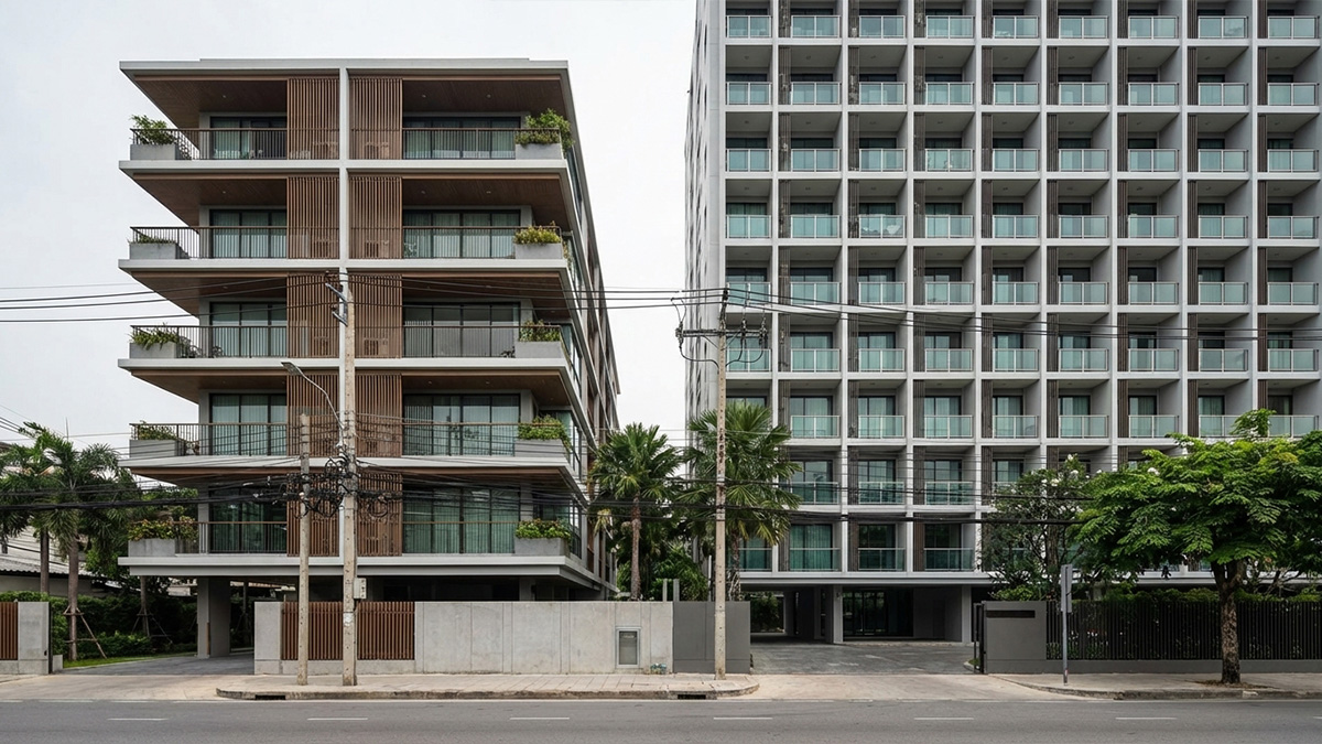 Two different condominium types in the same Bangkok location showing different density and design | คอนโดสองรูปแบบในทำเลเดียวกันของกรุงเทพที่มีความหนาแน่นและการออกแบบแตกต่างกัน