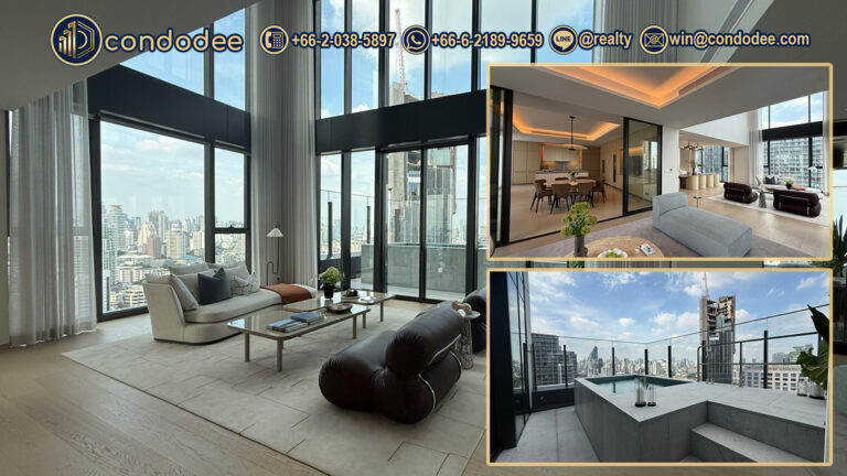 Triplex penthouse at SCOPE Thonglor with double-height living area and private jacuzzi | เพนท์เฮาส์ทริเพล็กซ์ สโคป ทองหล่อ พื้นที่นั่งเล่นเพดานสูง พร้อมจากุซซี่ส่วนตัว