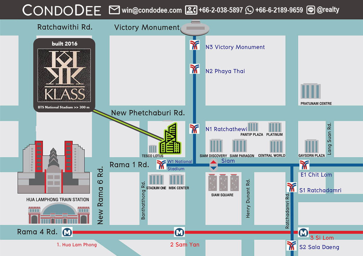 Klass Condo Siam apartments for sale in Bangkok CBD were built in 2016 by Pipat Assets and it comprises a single building having 79 units on 8 floors