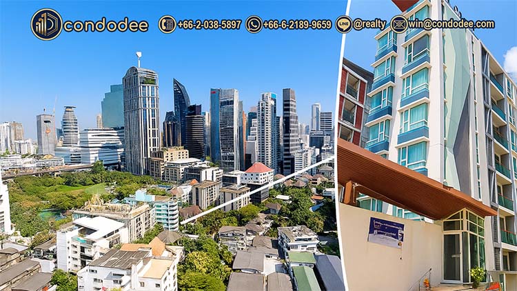 Bright city view and facade of The Crest Sukhumvit 24 condo in Bangkok CBD | วิวเมืองสดใสและด้านหน้าโครงการคอนโดเดอะเครสต์ สุขุมวิท 24 กรุงเทพฯ