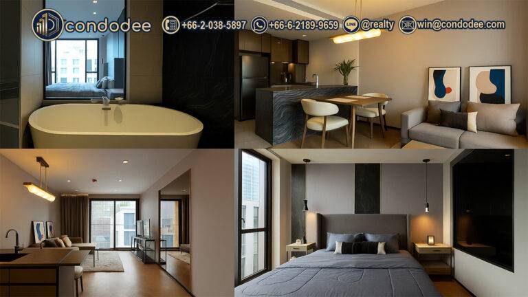 Modern living room with open kitchen in a 1-bedroom condo at The Reserve 61 Hideaway | ห้องนั่งเล่นพร้อมครัวเปิดในคอนโด 1 ห้องนอน เดอะ รีเซิร์ฟ 61