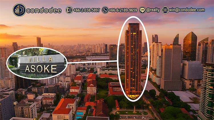 Aerial view of Villa Asoke condo near MRT Phetchaburi in Asoke, Bangkok CBD | วิวจากมุมสูงของคอนโดวิลล่าอโศก ใกล้ MRT เพชรบุรี