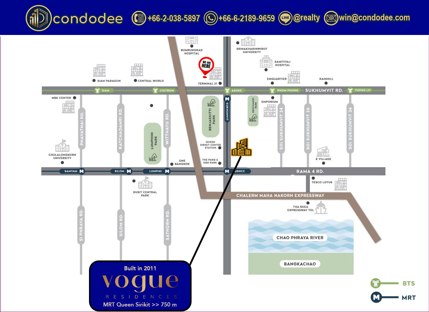 Location of Voque Sukhumvit 16 condo for sale in Bangkok near BTS Asoke and MRT Queen Sirikit | คอนโดโว้ค สุขุมวิท 16 ขาย ใกล้ BTS อโศก และ MRT ศูนย์สิริกิติ์