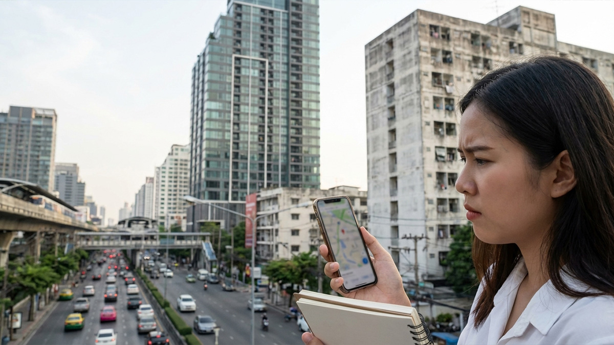 First-time Bangkok condo buyer comparing different condo prices in the same area | ผู้ซื้อคอนโดครั้งแรกในกรุงเทพกำลังเปรียบเทียบราคาคอนโดที่แตกต่างกันในทำเลเดียวกัน