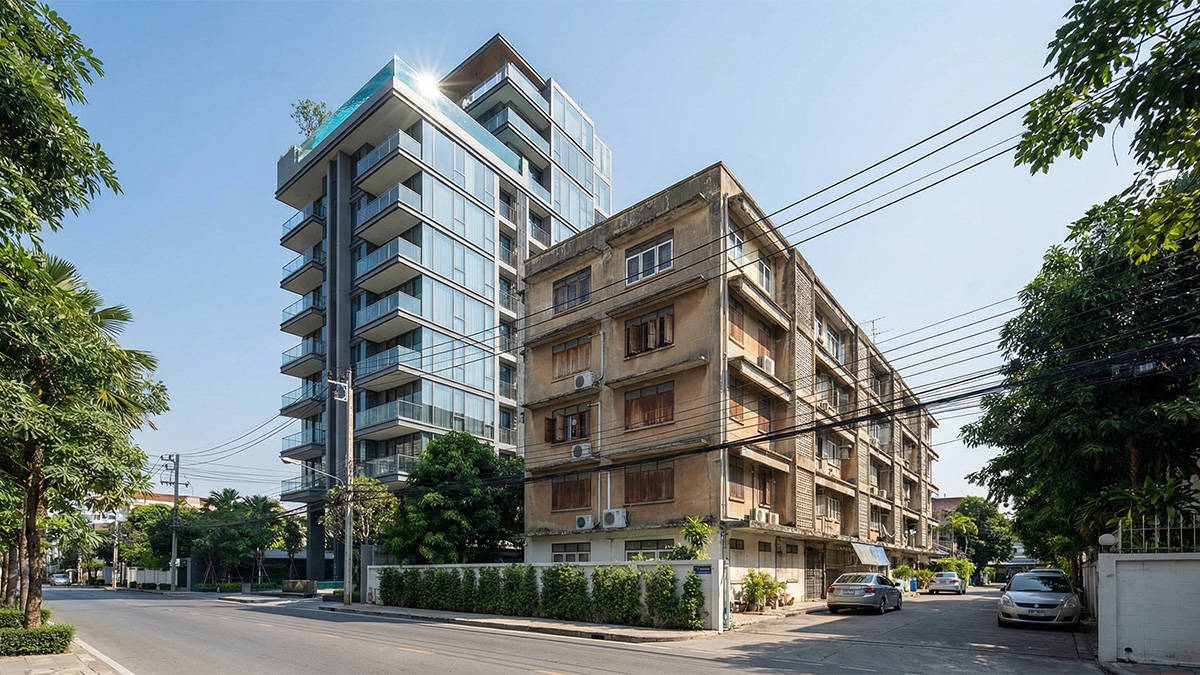 Two condominiums in the same Bangkok location showing different building styles and price positioning | คอนโดสองโครงการในทำเลเดียวกันของกรุงเทพที่มีลักษณะอาคารและระดับราคาที่แตกต่างกัน